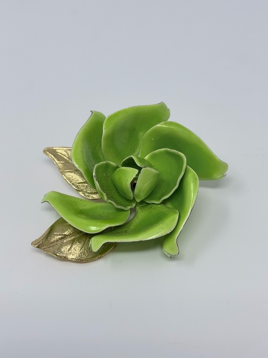 Vintage Jewelry - Vintage Green Enamel Flower Brooch Gold Tone Leaf Pin Statement Floral